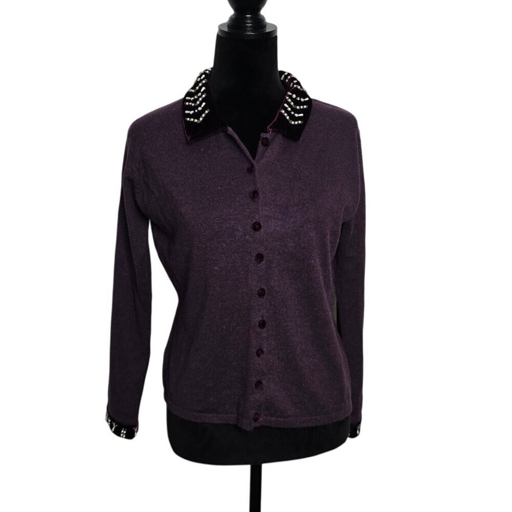 Vintage Goodclothes Petite PL Purple Velvet Beaded Collar Cardigan Sweater